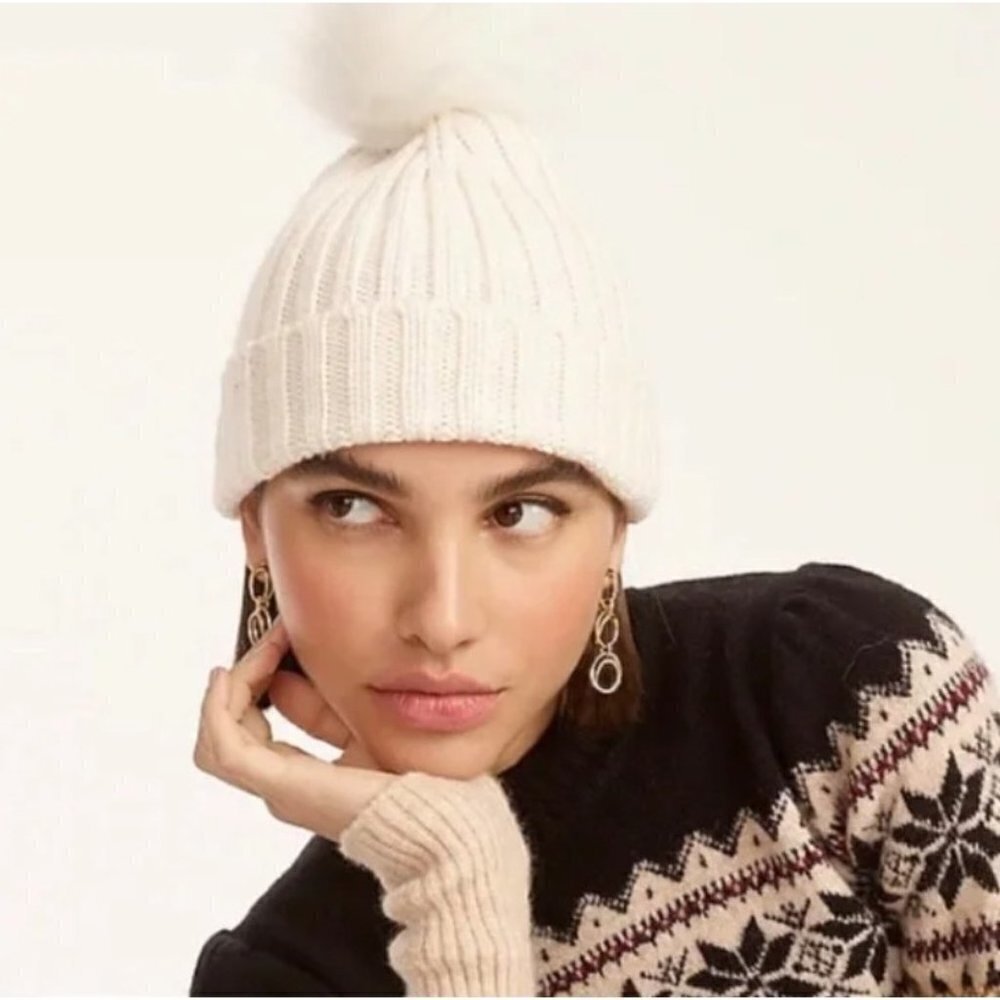 NEW J. Crew Ivory Ribbed Pom Pom Beanie Hat